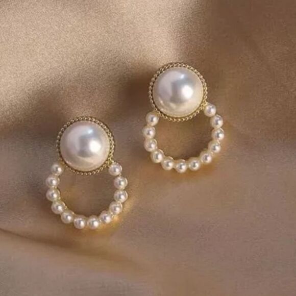 Gold white pearl earrings dainty casual or formal hoop stud small 💖2/$30 - Picture 14 of 14